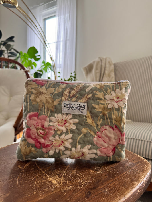 Sage Floral Zipper Pouch